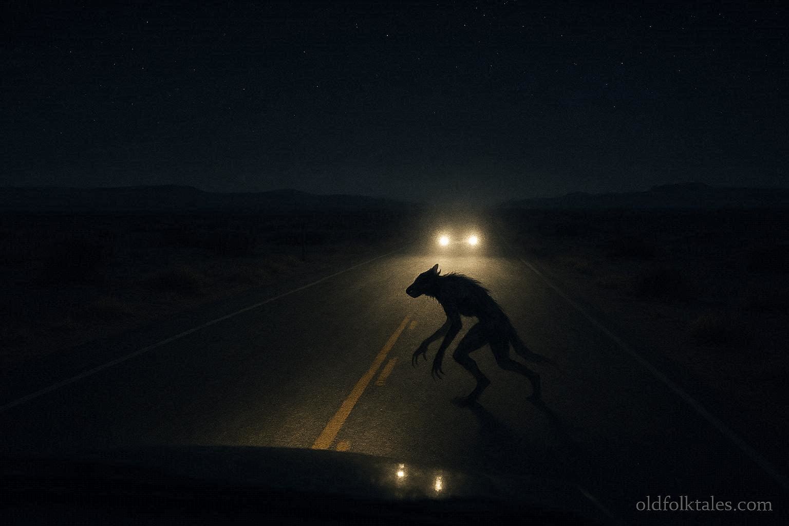 Shadowy shape shifting figure crossing a dark New Mexico highway at night in headlights