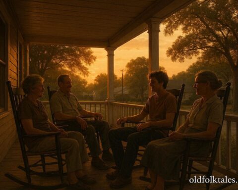People relaxing and talking on a porch during a warm summer evening