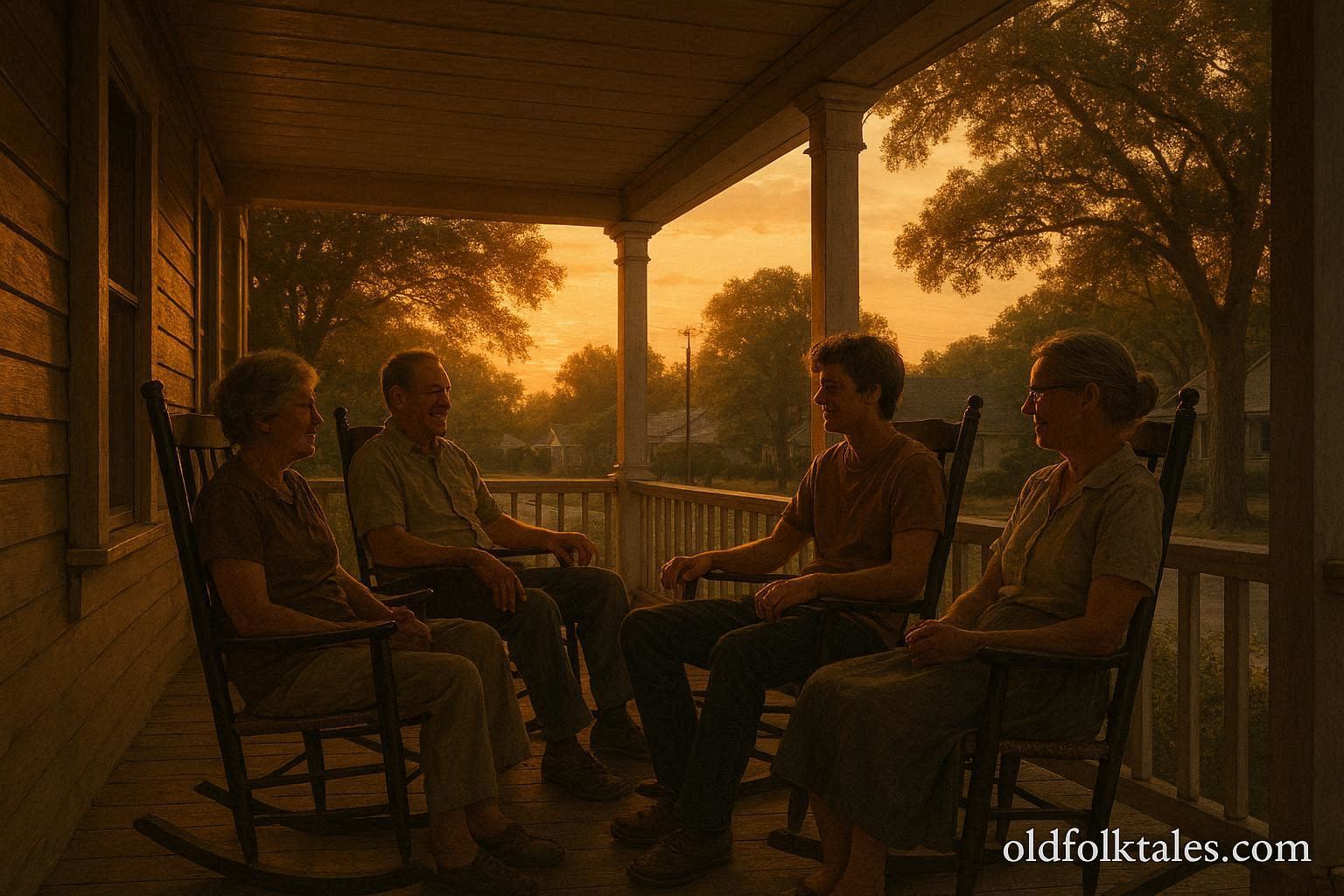 People relaxing and talking on a porch during a warm summer evening