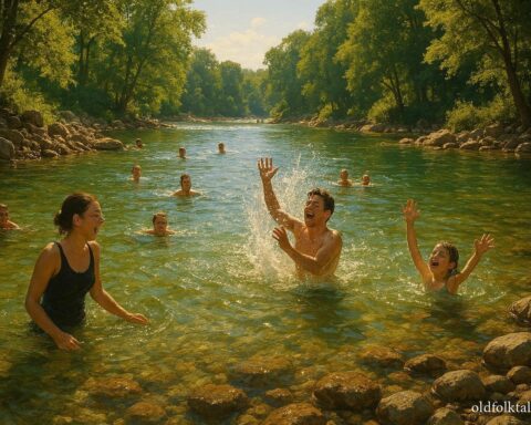 People swimming in a river on a warm summer day