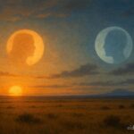 Sun setting and moon rising over open plains symbolizing two siblings becoming celestial bodies