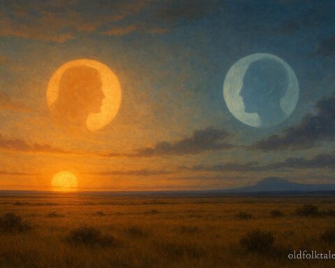 Sun setting and moon rising over open plains symbolizing two siblings becoming celestial bodies