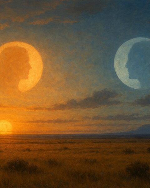 Sun setting and moon rising over open plains symbolizing two siblings becoming celestial bodies