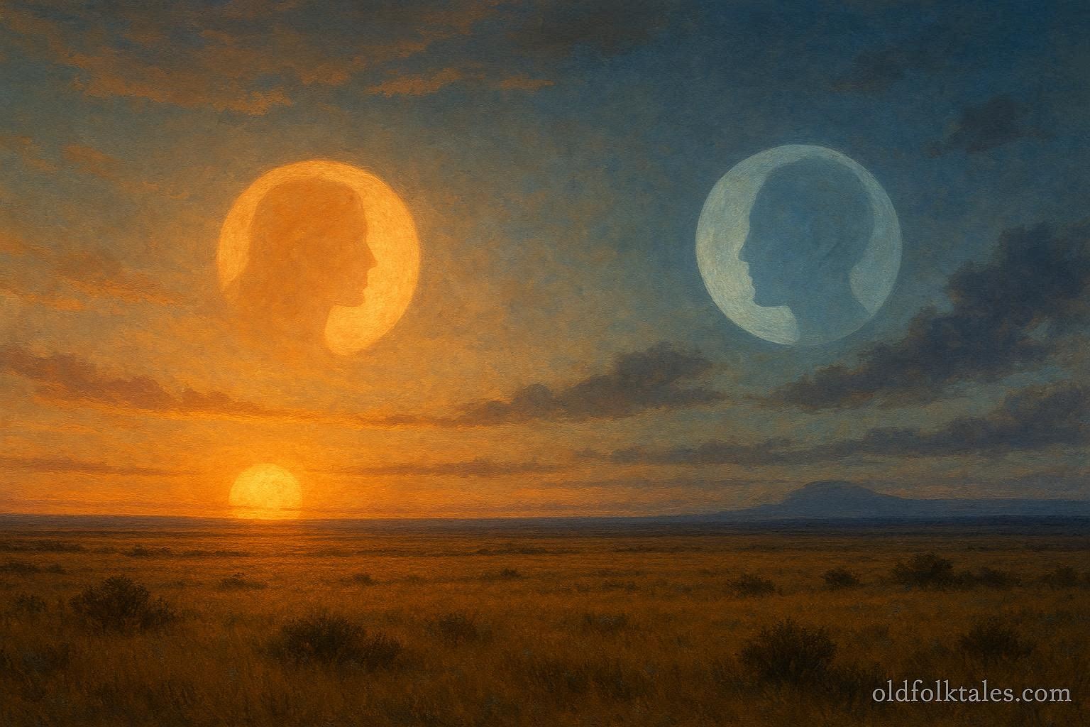 Sun setting and moon rising over open plains symbolizing two siblings becoming celestial bodies