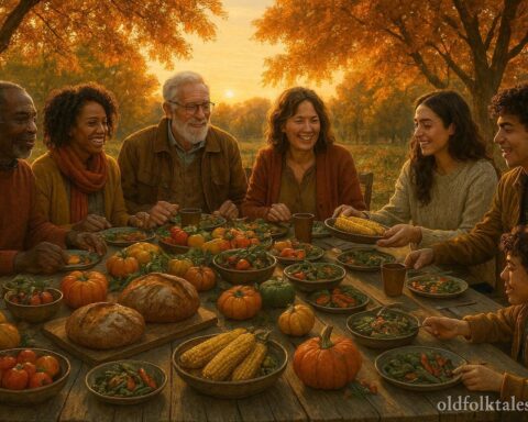 People sharing a harvest meal together during an autumn gathering