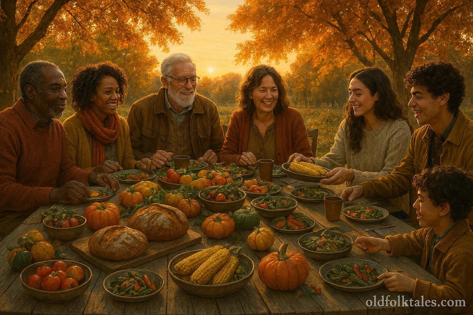 People sharing a harvest meal together during an autumn gathering