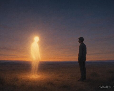 Figure transitioning into light over plains symbolizing creation of death and afterlife