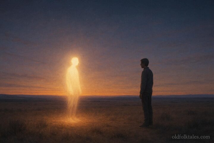 Figure transitioning into light over plains symbolizing creation of death and afterlife