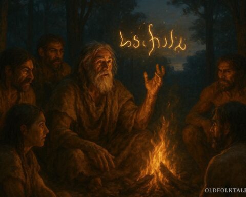 Elder teaching early humans language in a forest clearing with symbolic glowing sounds
