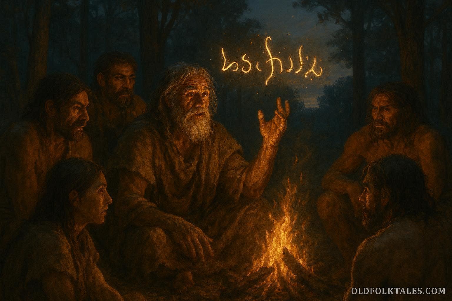 Elder teaching early humans language in a forest clearing with symbolic glowing sounds