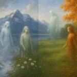 Landscape showing four seasons with symbolic spirits representing seasonal changes