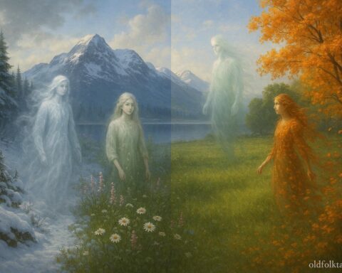 Landscape showing four seasons with symbolic spirits representing seasonal changes