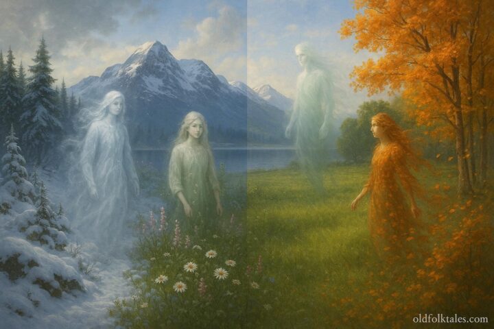 Landscape showing four seasons with symbolic spirits representing seasonal changes