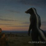 A humanoid figure with skunk features stands near a village on the plains at twilight