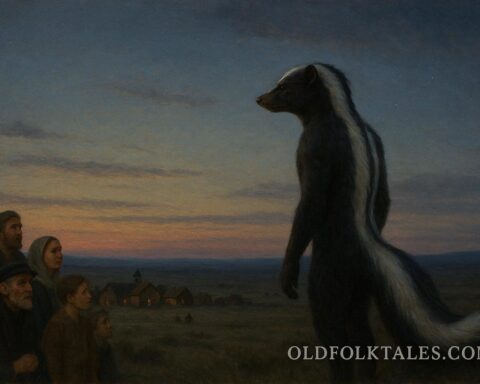 A humanoid figure with skunk features stands near a village on the plains at twilight