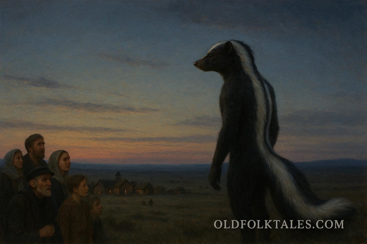 A humanoid figure with skunk features stands near a village on the plains at twilight