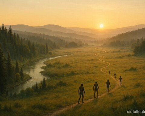 Winding natural trail across forest and hills with early figures forming pathways