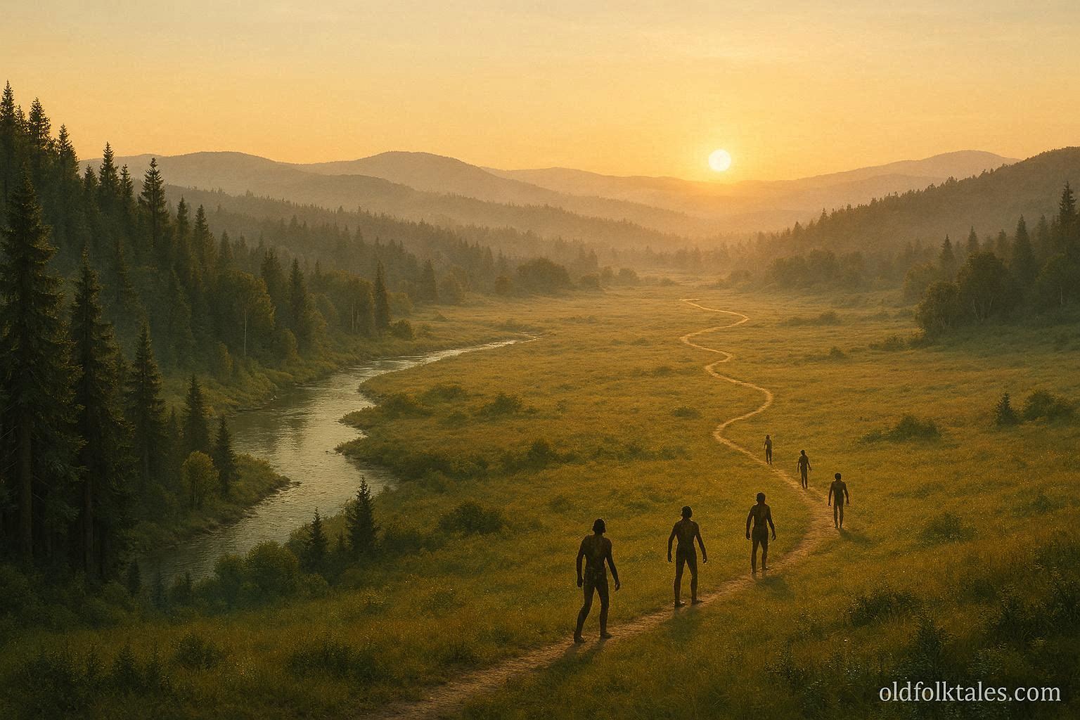 Winding natural trail across forest and hills with early figures forming pathways