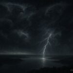 Thunder beings within storm clouds creating lightning and rain over a wide landscape
