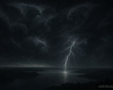 Thunder beings within storm clouds creating lightning and rain over a wide landscape