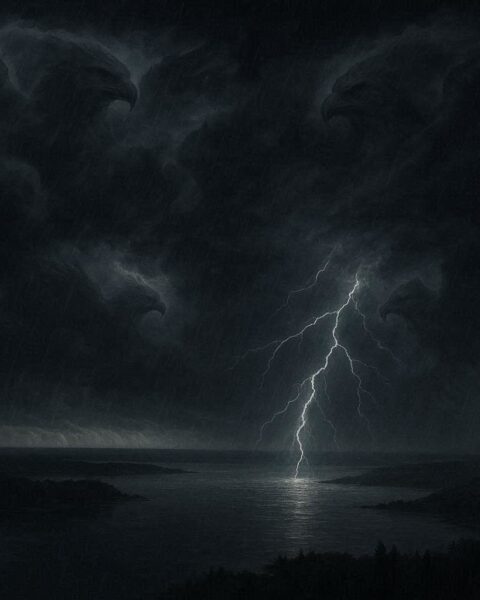 Thunder beings within storm clouds creating lightning and rain over a wide landscape