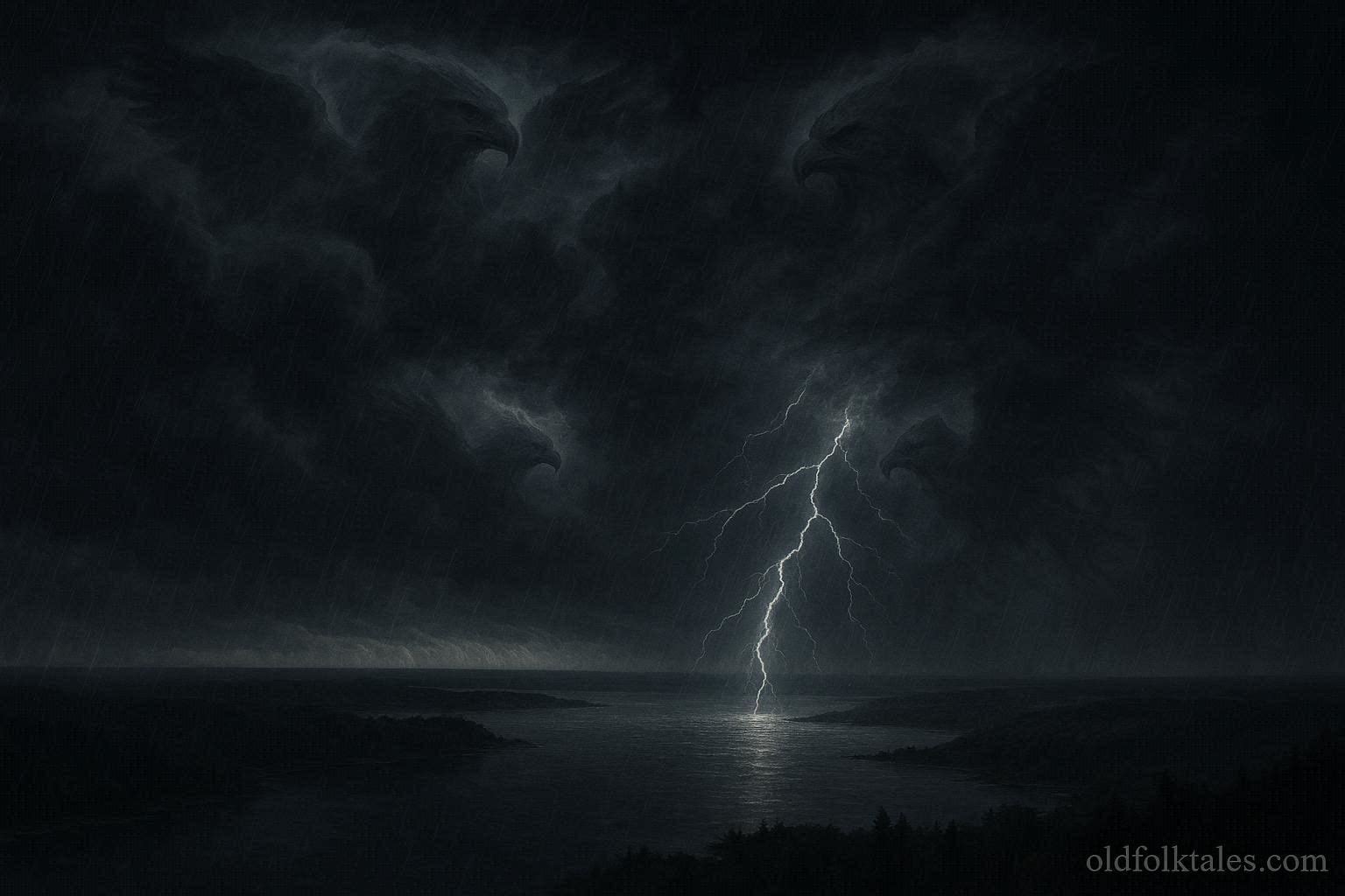 Thunder beings within storm clouds creating lightning and rain over a wide landscape