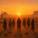 Group performing a sunrise ceremony as the sun rises over a desert landscape