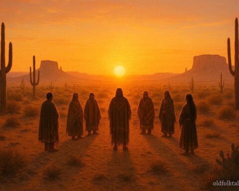 Group performing a sunrise ceremony as the sun rises over a desert landscape