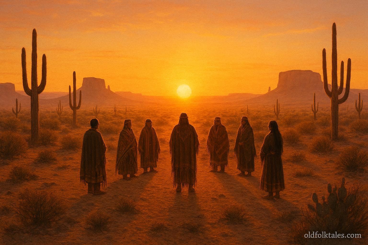 Group performing a sunrise ceremony as the sun rises over a desert landscape