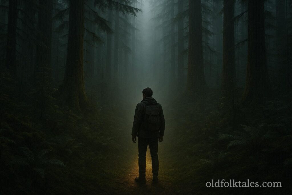 A glowing forest path leading into mist with a traveler standing nearby