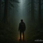 A glowing forest path leading into mist with a traveler standing nearby