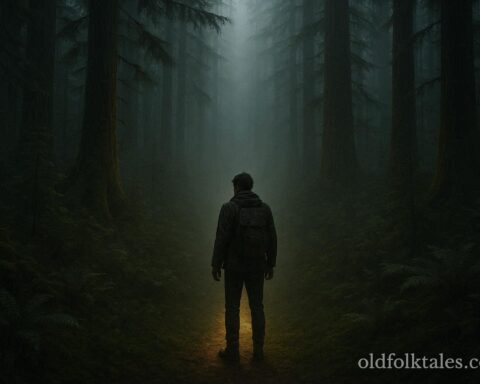 A glowing forest path leading into mist with a traveler standing nearby