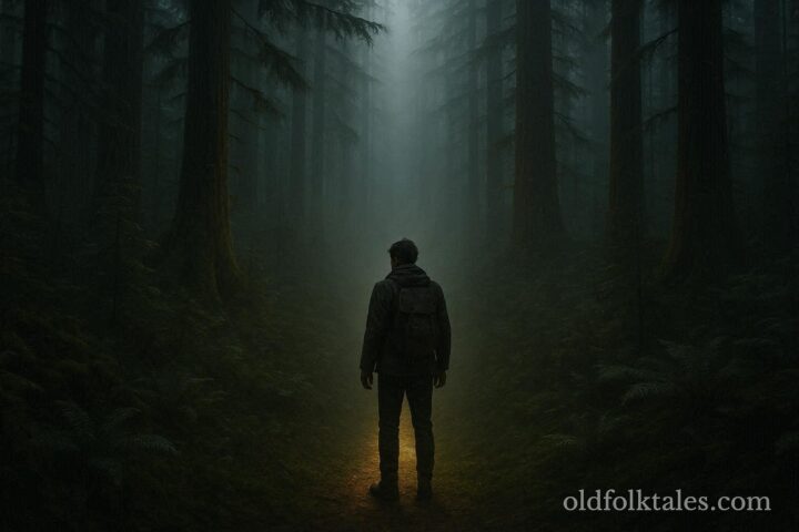 A glowing forest path leading into mist with a traveler standing nearby
