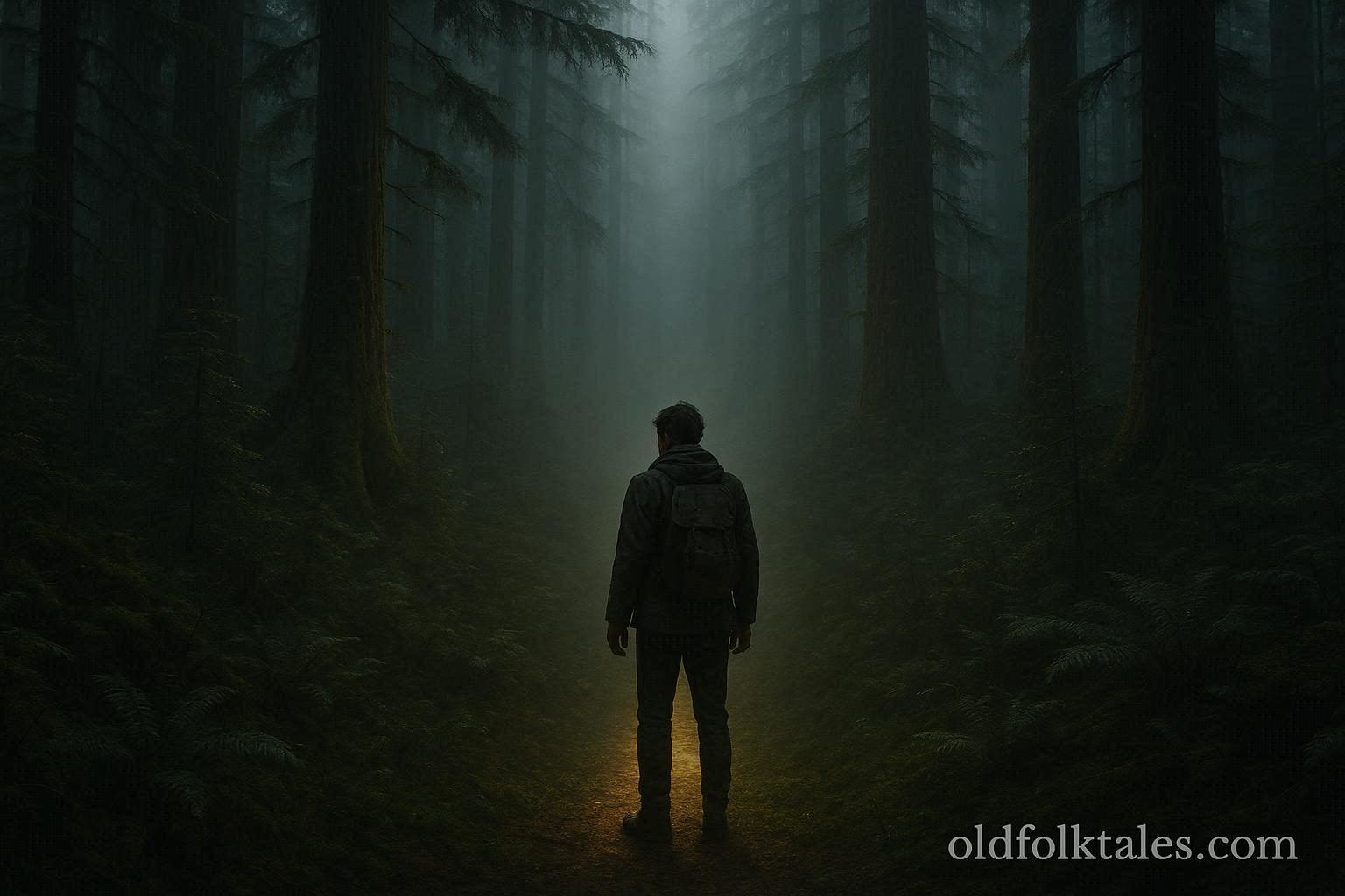 A glowing forest path leading into mist with a traveler standing nearby