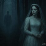 A bride standing alone in a dark forest as a ghostly groom disappears