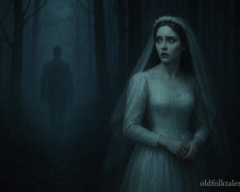 A bride standing alone in a dark forest as a ghostly groom disappears