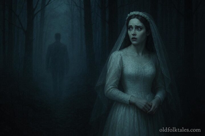 A bride standing alone in a dark forest as a ghostly groom disappears