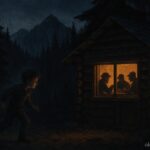 A boy sneaking past a cabin with robbers inside in a mountain forest at night