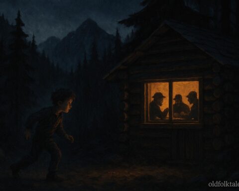 A boy sneaking past a cabin with robbers inside in a mountain forest at night