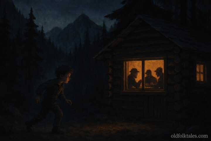 A boy sneaking past a cabin with robbers inside in a mountain forest at night