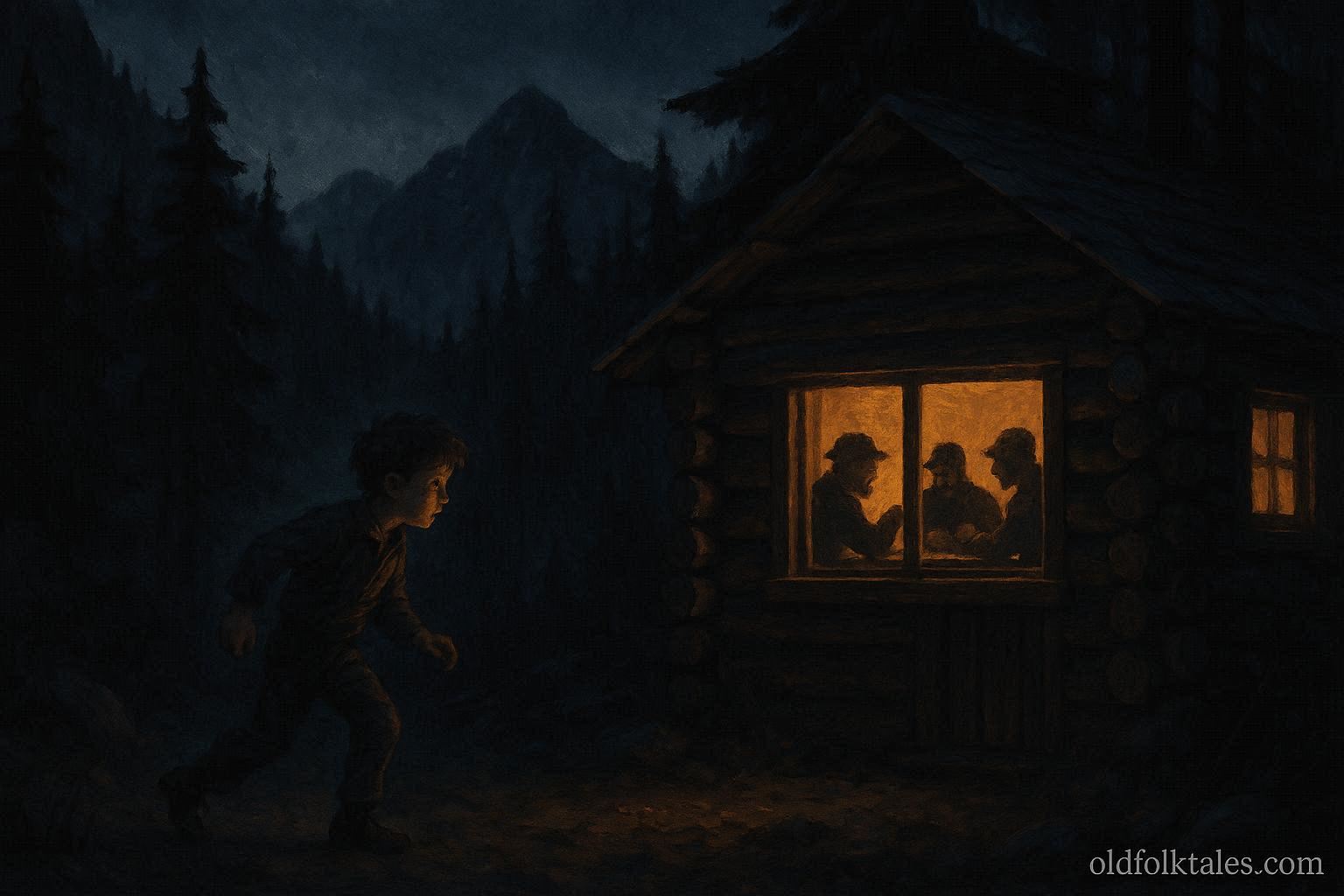A boy sneaking past a cabin with robbers inside in a mountain forest at night
