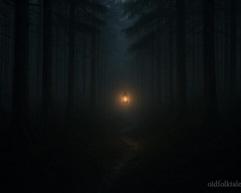 Floating glowing lantern light leading deeper into a dark Vermont forest path
