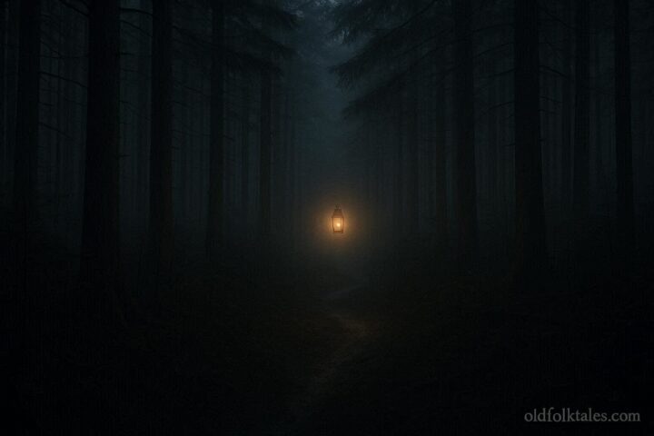 Floating glowing lantern light leading deeper into a dark Vermont forest path