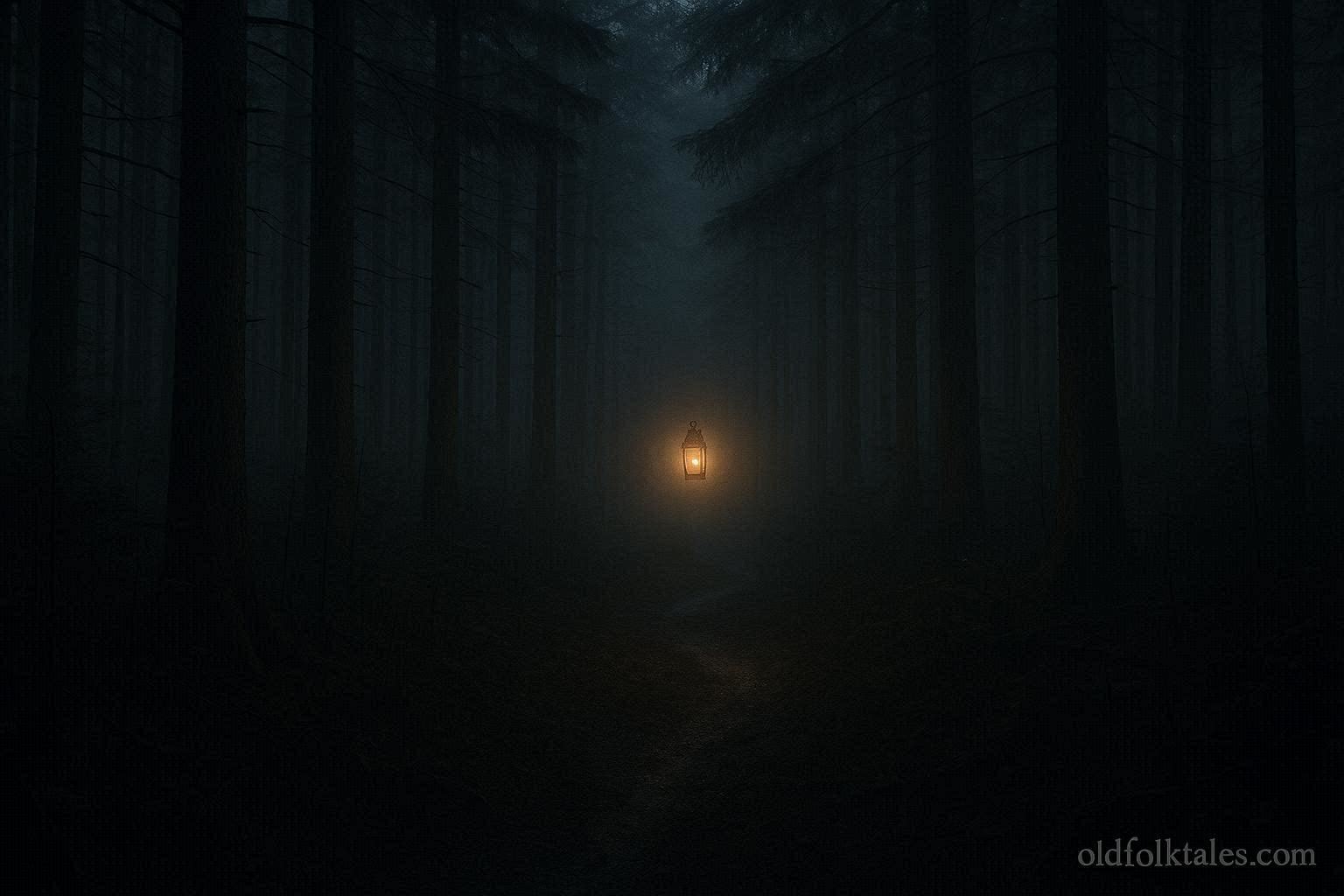 Floating glowing lantern light leading deeper into a dark Vermont forest path