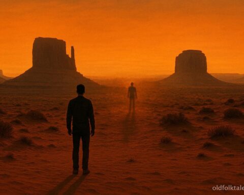 A person in the desert facing a distant identical shadowy figure mirroring their movement