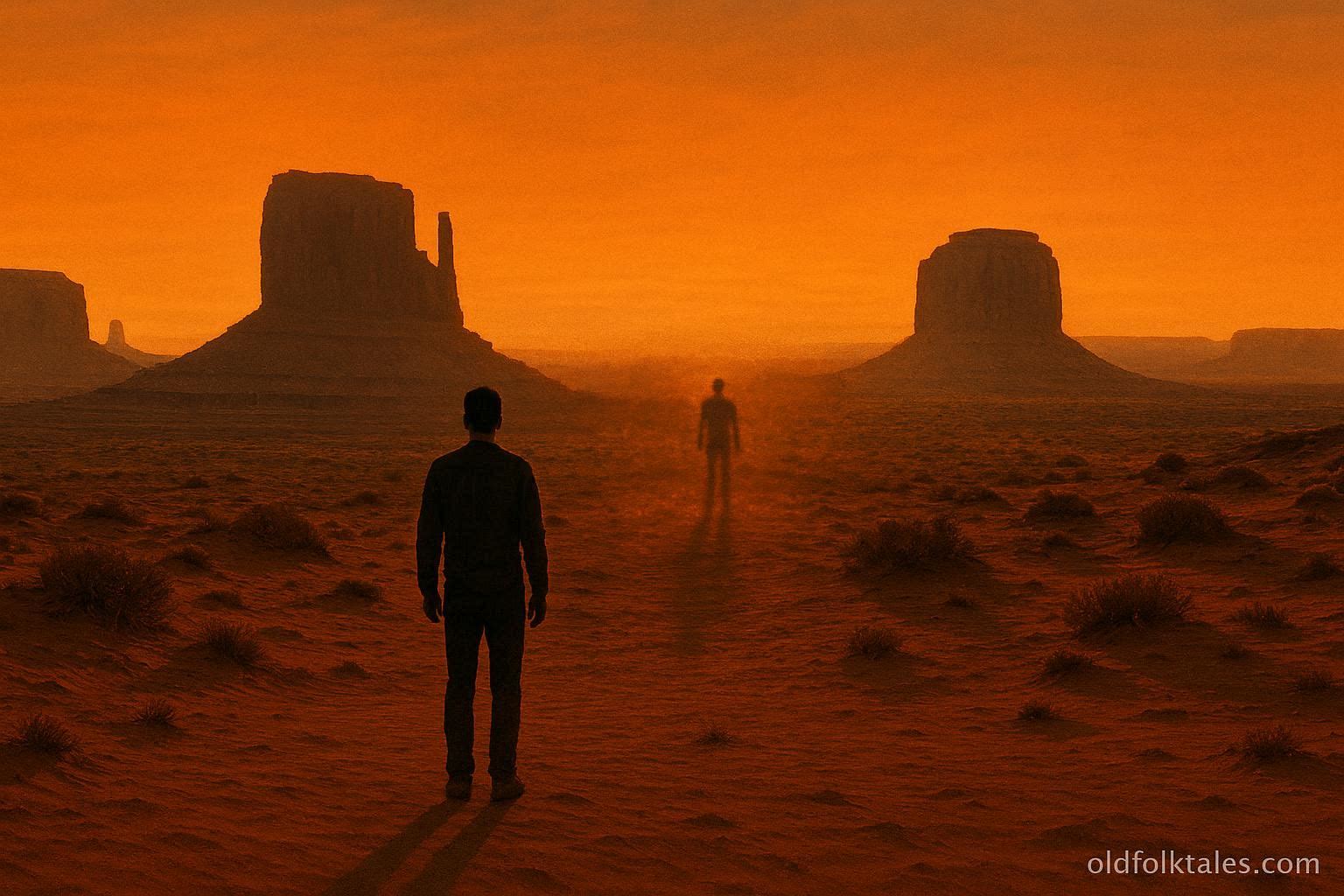 A person in the desert facing a distant identical shadowy figure mirroring their movement