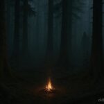Shadowy figure hidden among dense Washington rainforest trees at night near a campfire