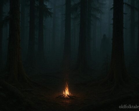 Shadowy figure hidden among dense Washington rainforest trees at night near a campfire