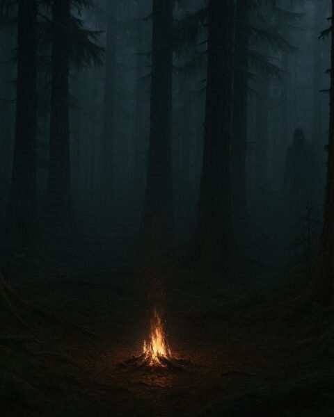 Shadowy figure hidden among dense Washington rainforest trees at night near a campfire