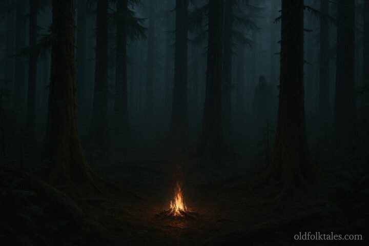Shadowy figure hidden among dense Washington rainforest trees at night near a campfire